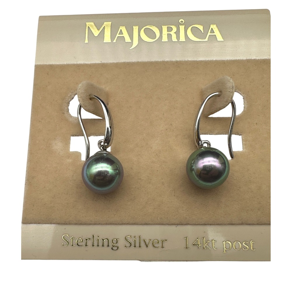 Majorica Peacock Pearl Drop Earrings Sterling Silver 14kt Gold Post